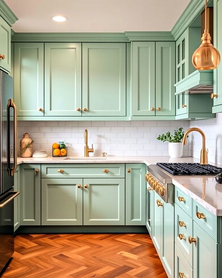 glamorous mint green kitchen and brass hardware - 30 Mint Green Kitchen Ideas
