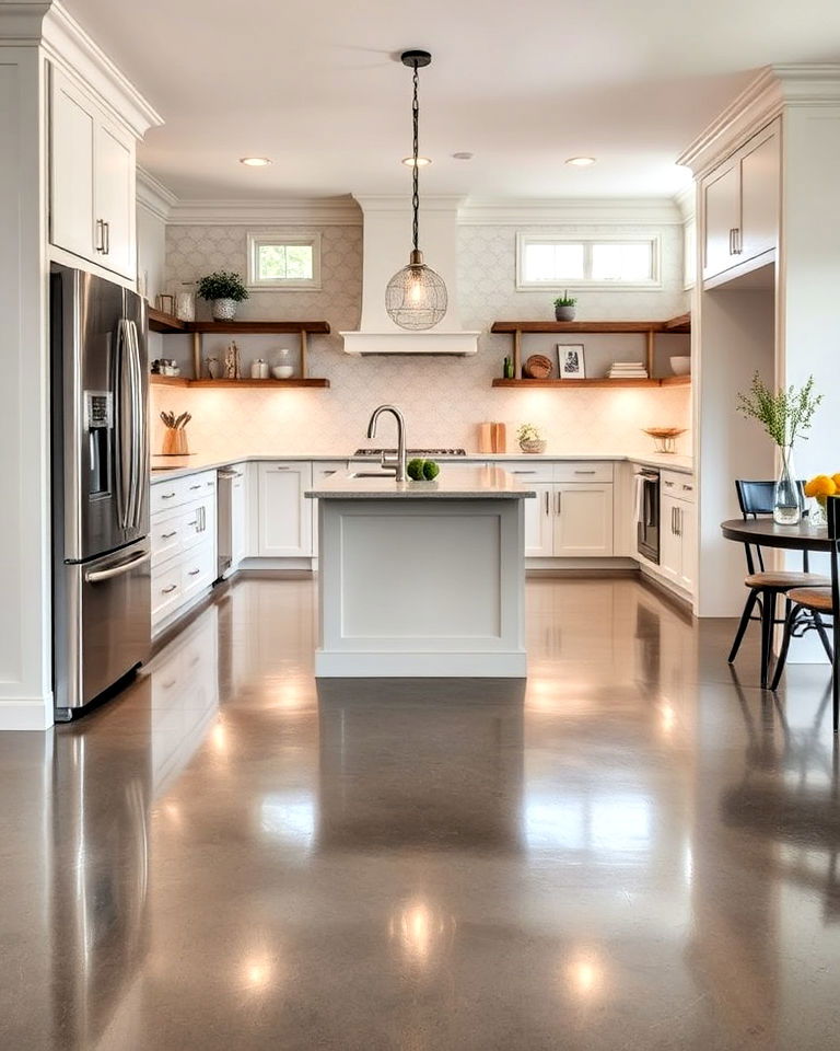 glamorous polished concrete with metallic finishes - 25 Concrete Floor Kitchen Ideas