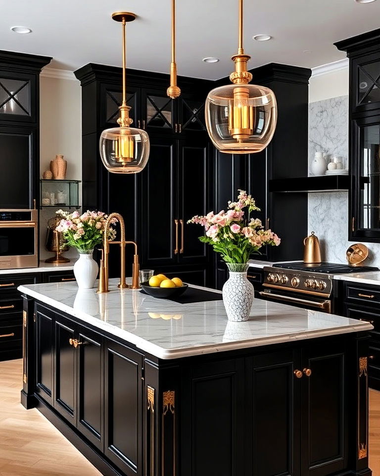 glamorous vibe black and gold accents - 20 Luxury Kitchen Island Ideas