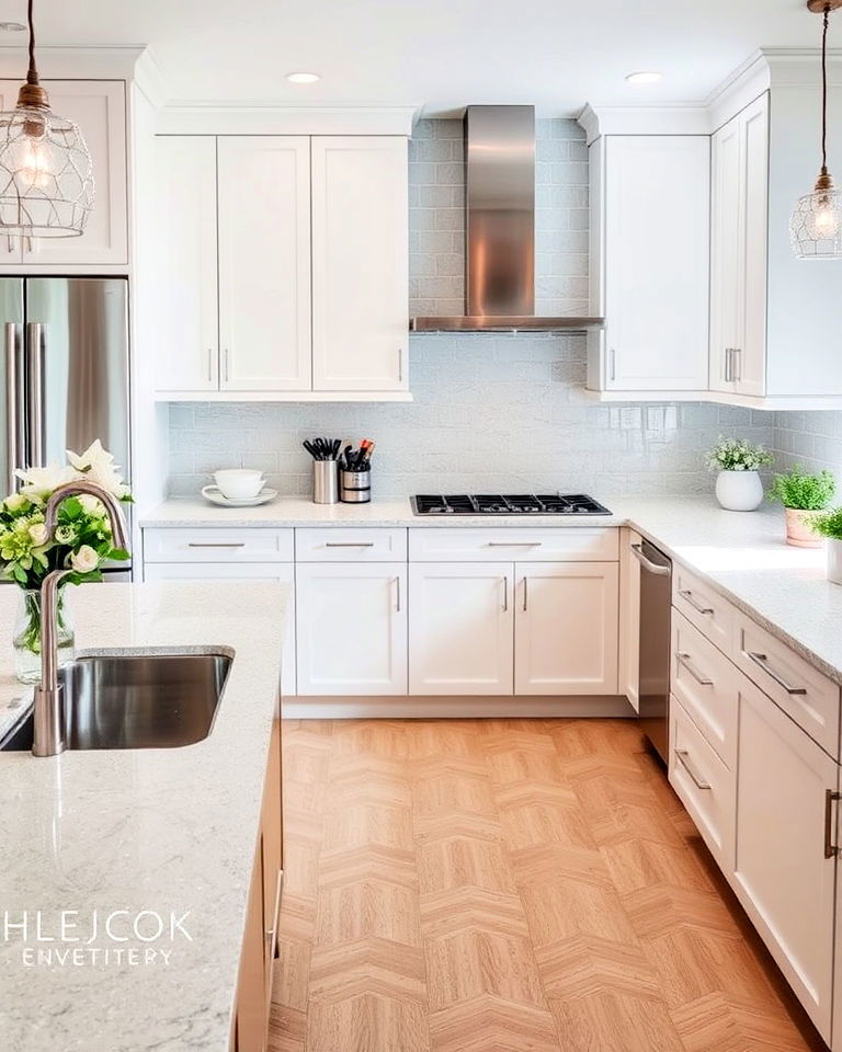 glamorous white quartz with mirror flecks - 20 Quartz Kitchen Countertops