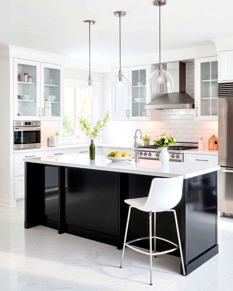 glass accents for white kitchen with black island - 20 White Kitchen Ideas With Black Island