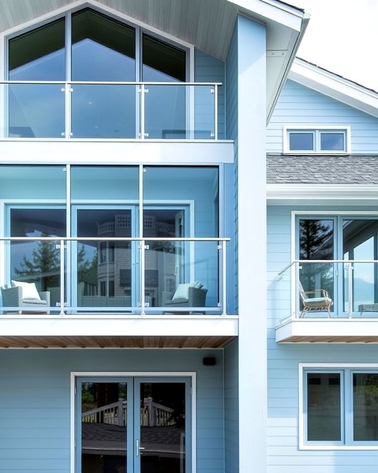 glass and metal railings for light blue house - 25 Light Blue House Exterior Ideas