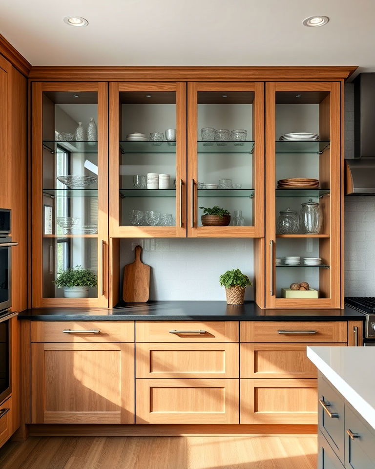 glass and wood combination for modern cabinets - 20 Modern Style Glass Kitchen Cabinets