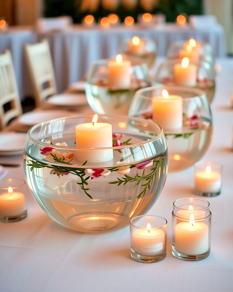 glass bowls with floating candles - 30 Rehearsal Dinner Centerpiece Ideas