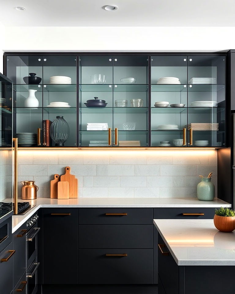 glass cabinets with metal accents - 15 Kitchen Cabinets With Glass Doors
