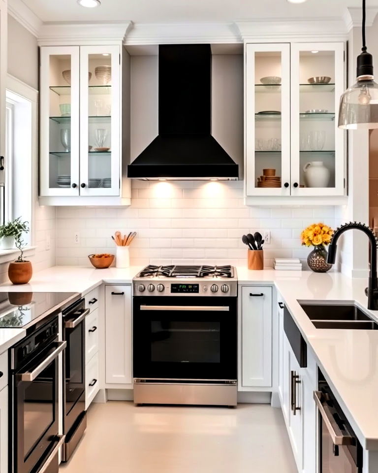 glass doors and black appliances with white cabinets - 25 White Kitchen with Black Appliances Ideas