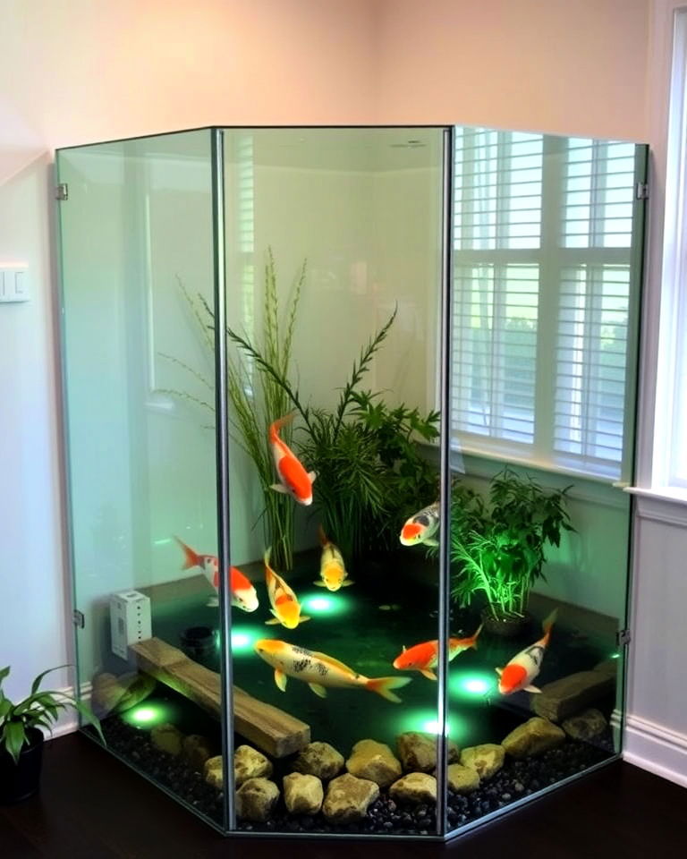 glass enclosed koi corner pond - 20 Indoor Koi Pond Ideas