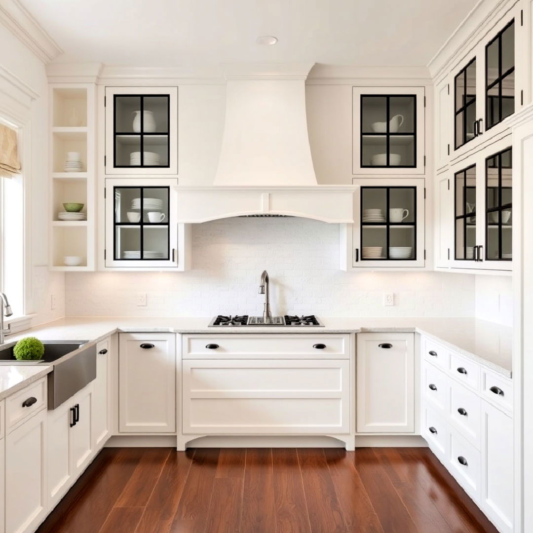 glass front black framed white cabinets - 40 Black and White Kitchen Ideas