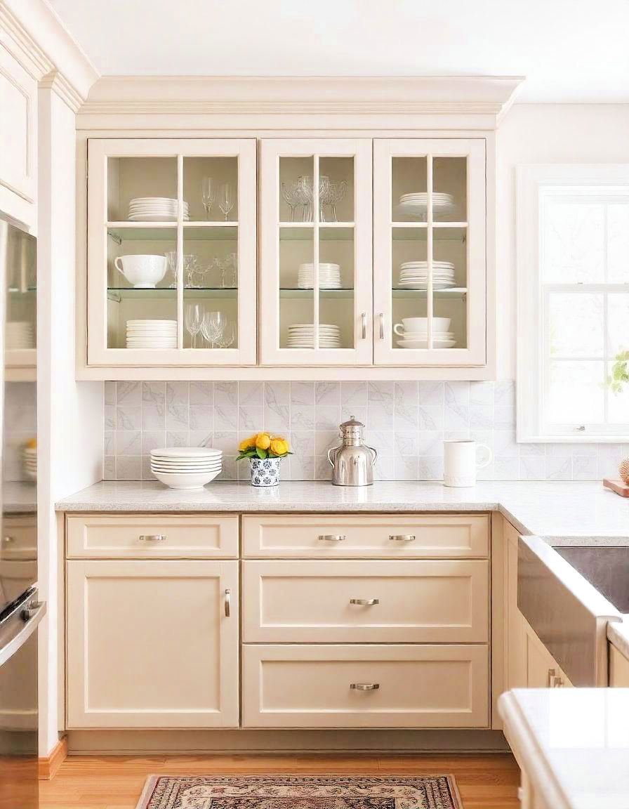 glass front cabinets in cashmere tone - 20 Cashmere Kitchen Ideas