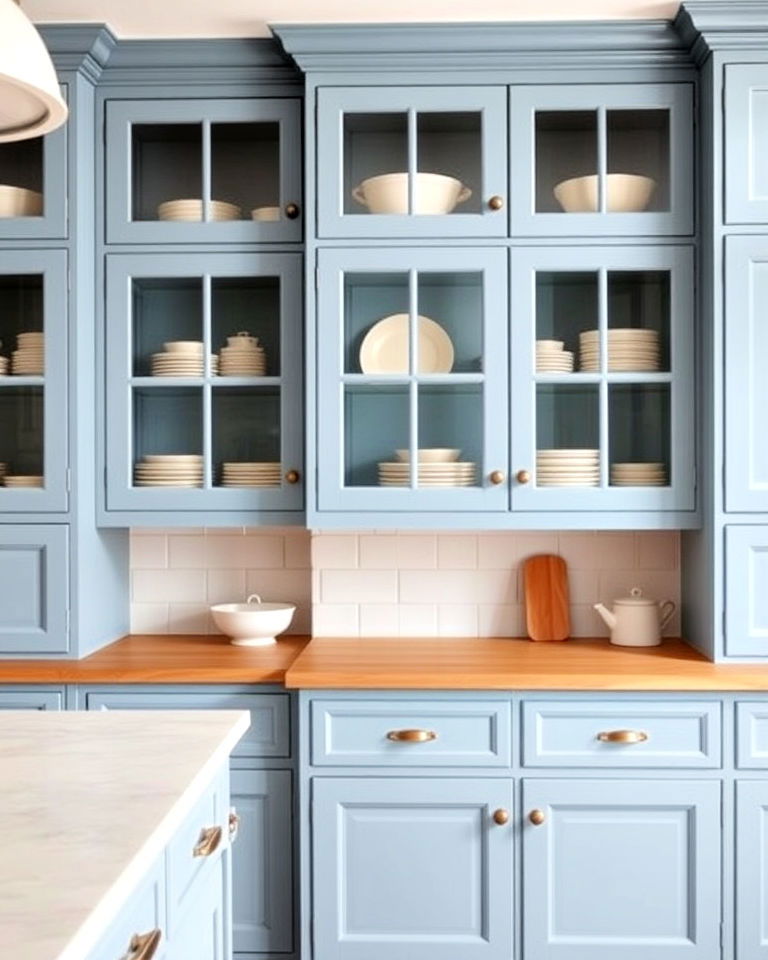 glass front french blue cabinets - 30 Blue Farmhouse Kitchen Cabinets
