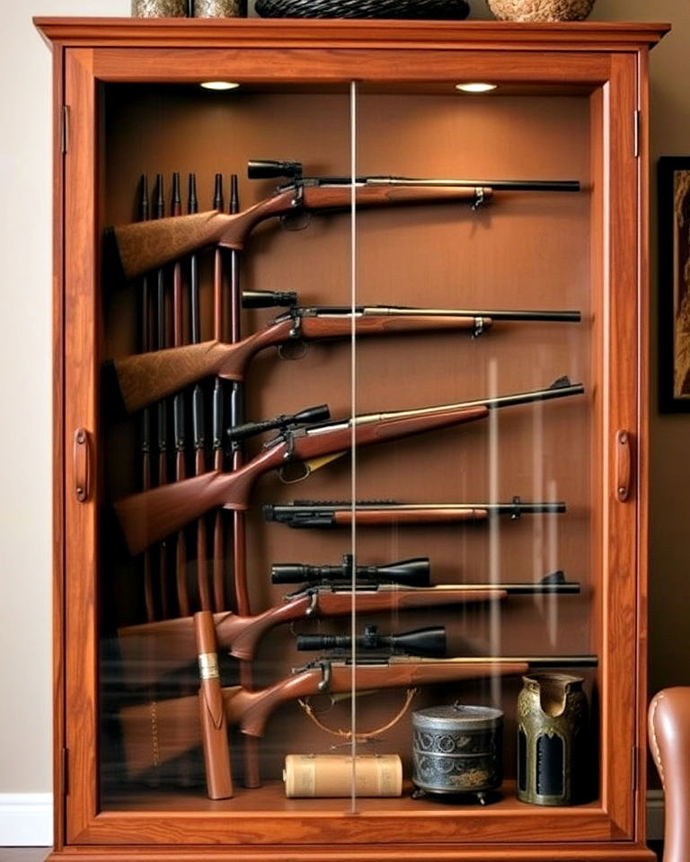 glass front gun display cabinet - 25 Hunting Room Ideas