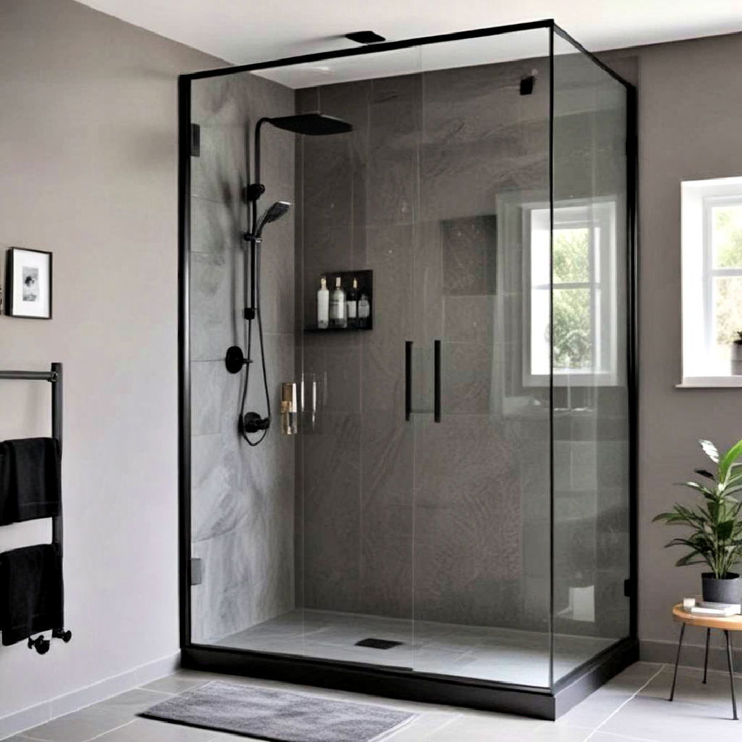 glass shower enclosure with black frame - 20 Black and Grey Bathroom Ideas