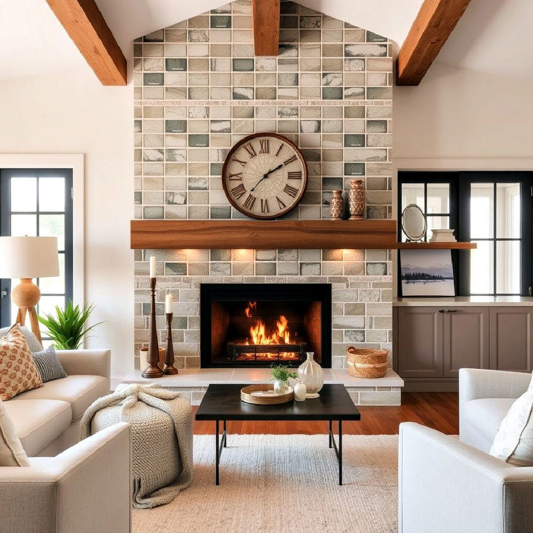 glass tiles in earth tones for farmhouse fireplace - 30 Farmhouse Fireplace Tile Ideas