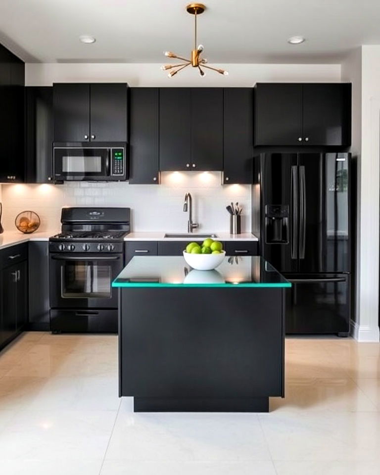 glass top small island for small kitchen with black appliances - 20 Small Kitchen with Black Appliances Ideas