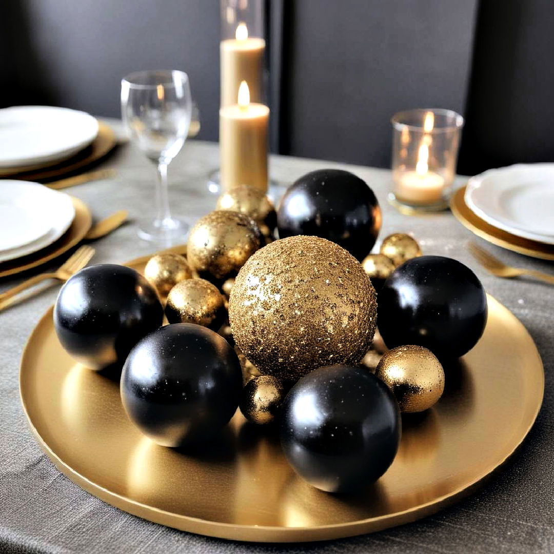 glittering table orbs - 20 Black and Gold Centerpiece Ideas