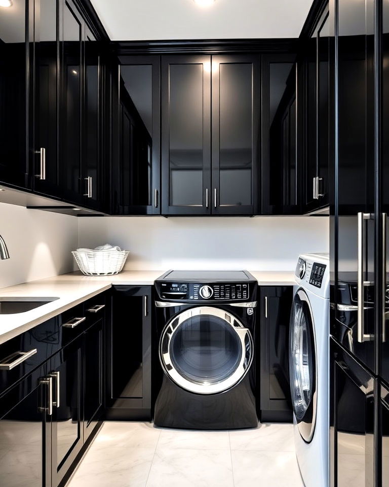 glossy black cabinets for laundry room - 15 Black and White Laundry Room Ideas