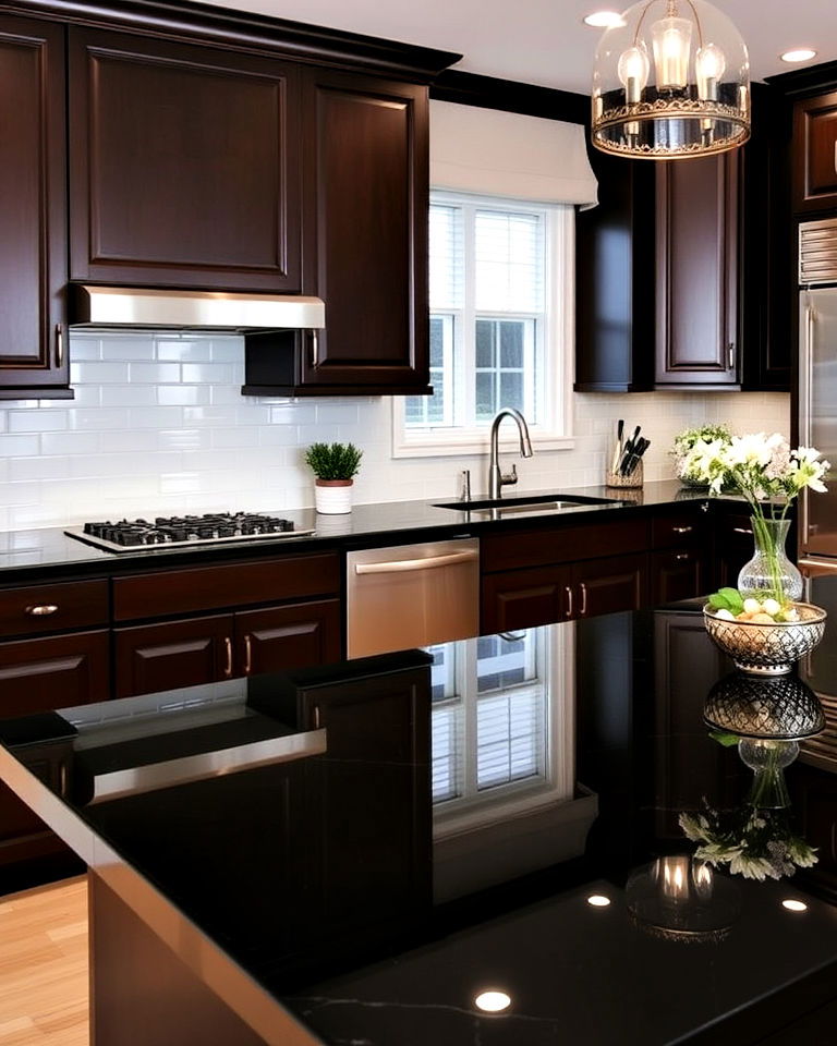 glossy black countertops and espresso kitchen cabinets - 25 Brown Kitchen Cabinets With Black Countertops