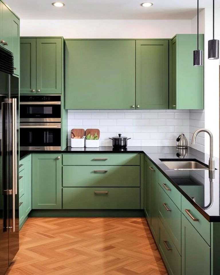 glossy black countertops and matte green cabinets - 20 Green Kitchen Cabinets With Black Countertops