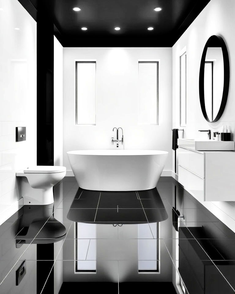 glossy black tile flooring for bathroom - 20 Black Floor Bathroom With White Walls Ideas