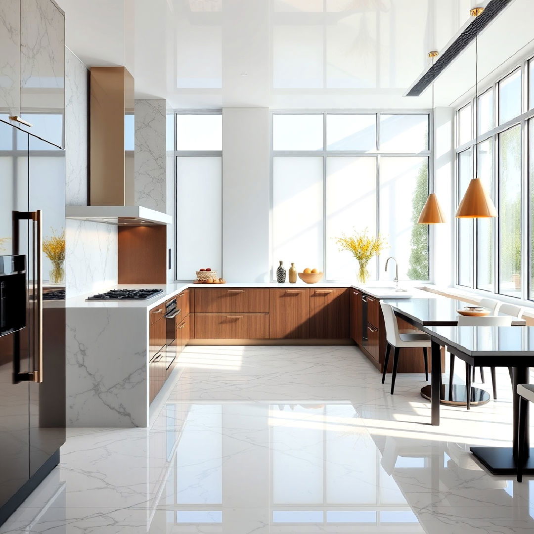 glossy finished marble kitchen floor - 20 Marble Kitchen Floor Ideas
