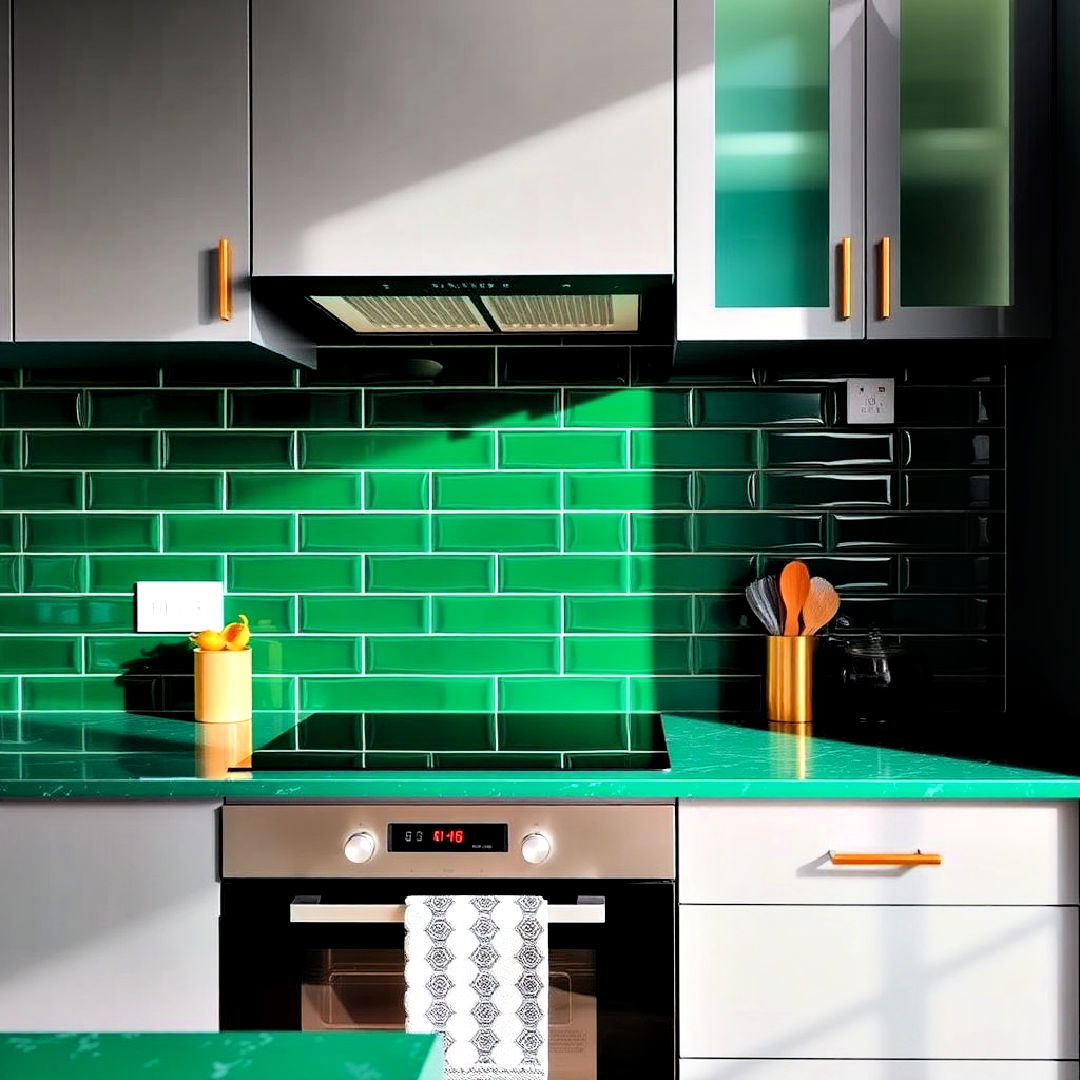 glossy green tiles to add luxurious touch - 25 Emerald Green Kitchen Ideas