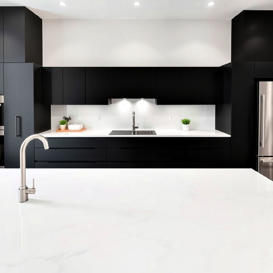 glossy white countertops and matte black cabinets - 15 Black Kitchen Cabinets With White Countertops