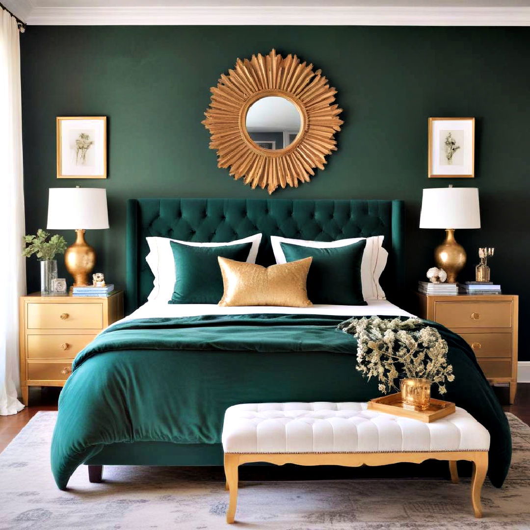 gold accented furniture - 20 Emerald Green and Gold Bedroom Ideas