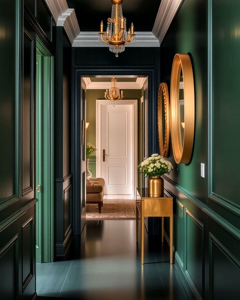 gold accents and deep forest green walls - 20 Green Hallway Ideas
