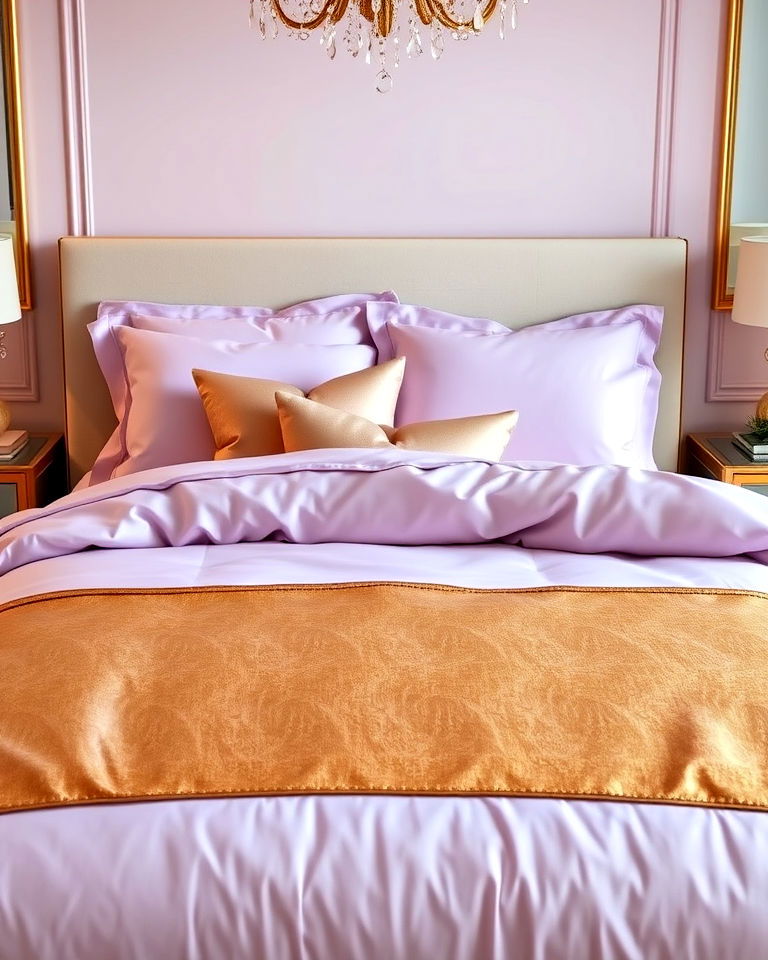 gold accents and lilac bedding - 15 Lilac Bedroom Ideas