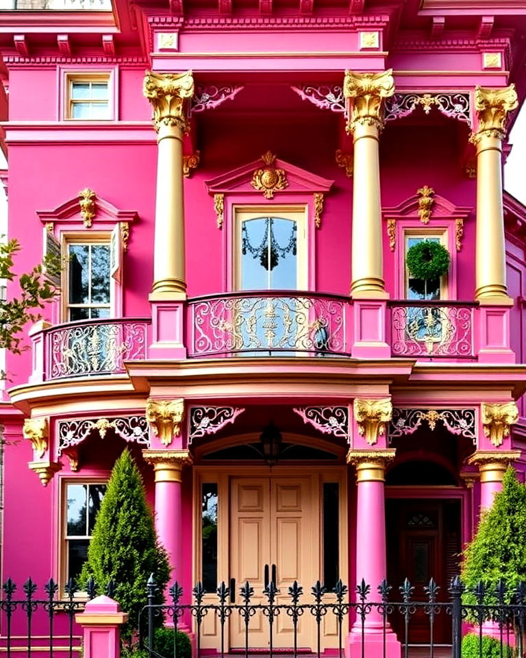 gold accents for bold fuchsia victorian house - 25 Pink Victorian House Ideas