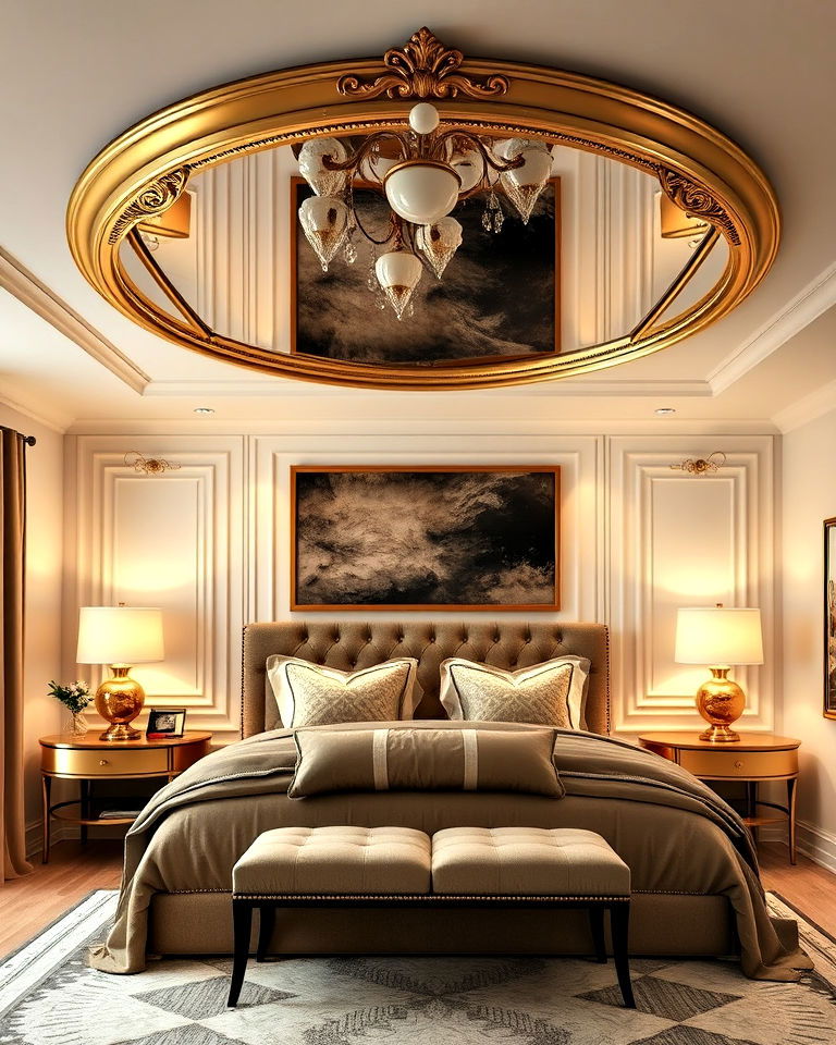 gold accents for ceiling mirror - 20 Mirror on Ceiling Above Bed Ideas