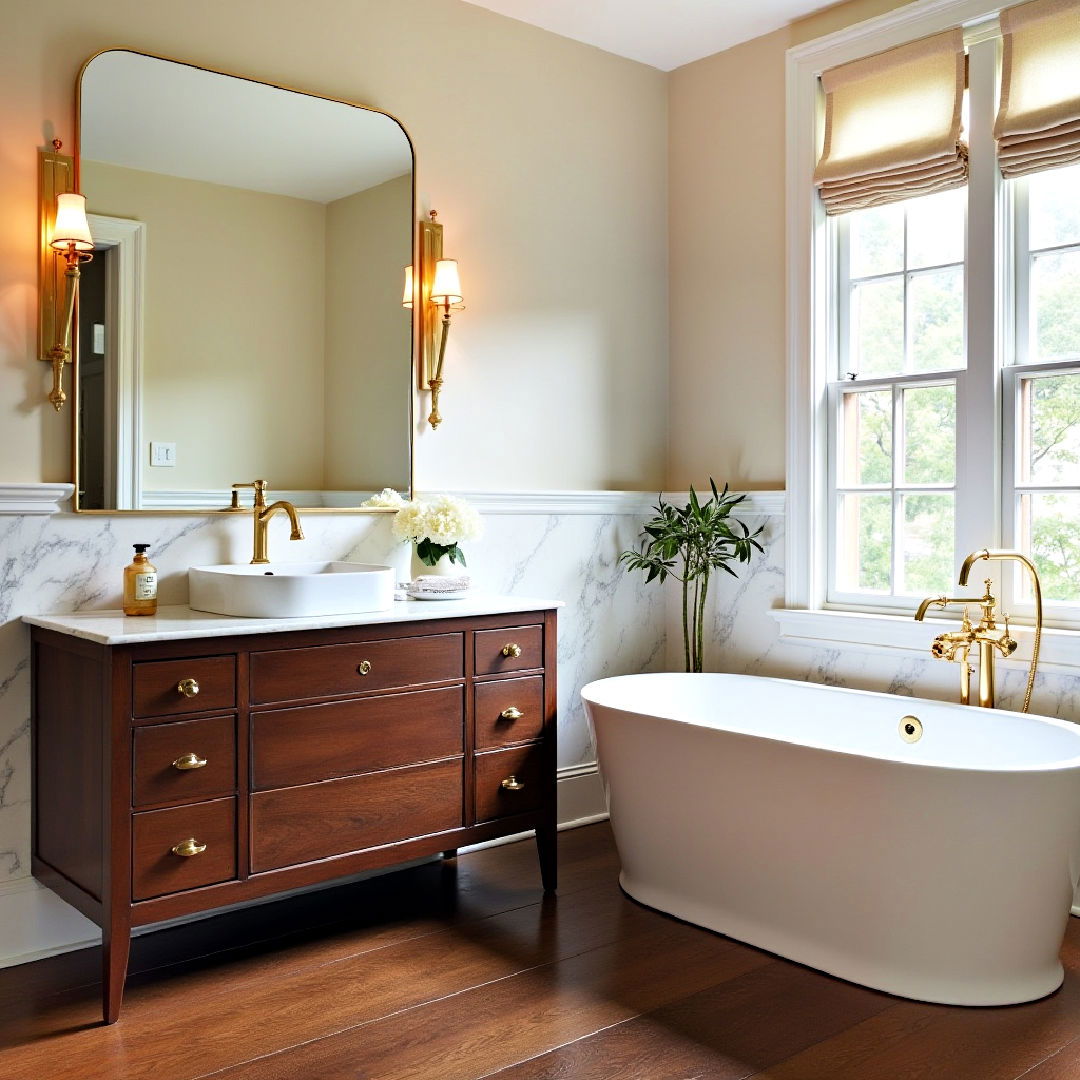 gold accents for dark floor bathroom - 25 Dark Wood Floor Bathroom Ideas