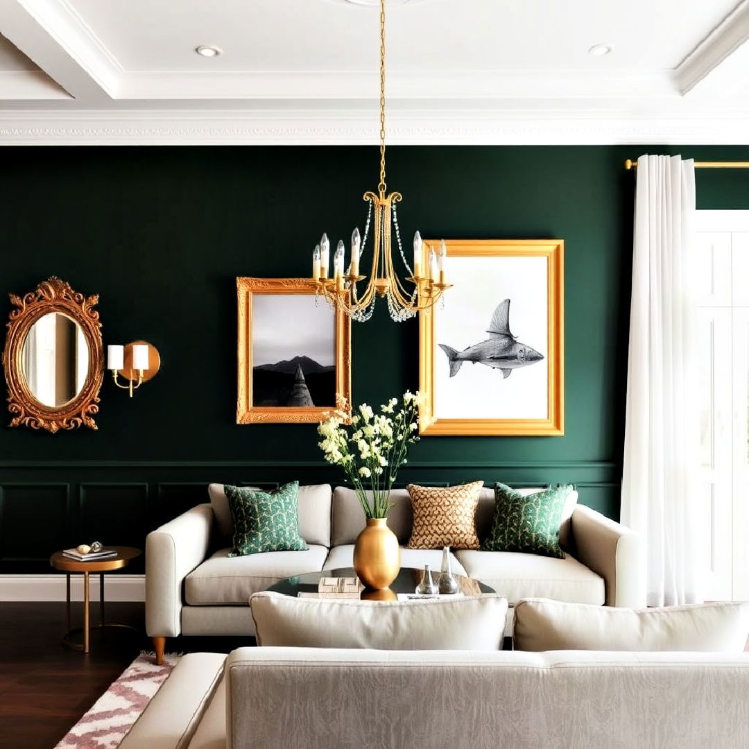 gold accents for dark green accent wall - 40 Dark Green Accent Wall Ideas