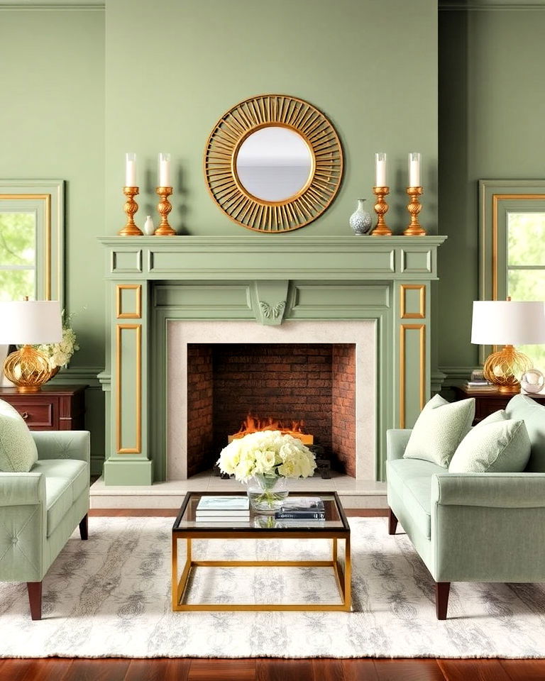 gold accents for sage green fireplace - 15 Sage Green Fireplace Ideas