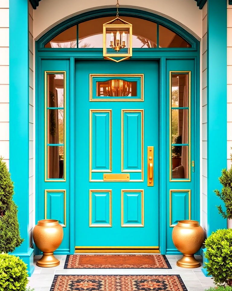 gold accents for turquoise front door - 20 Turquoise Front Door Ideas