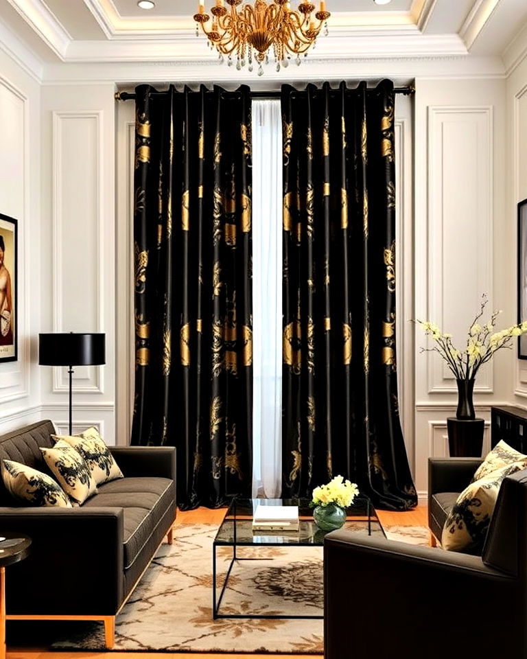 gold and black curtains for luxurious feel - 40 Black and Gold Living Room Ideas