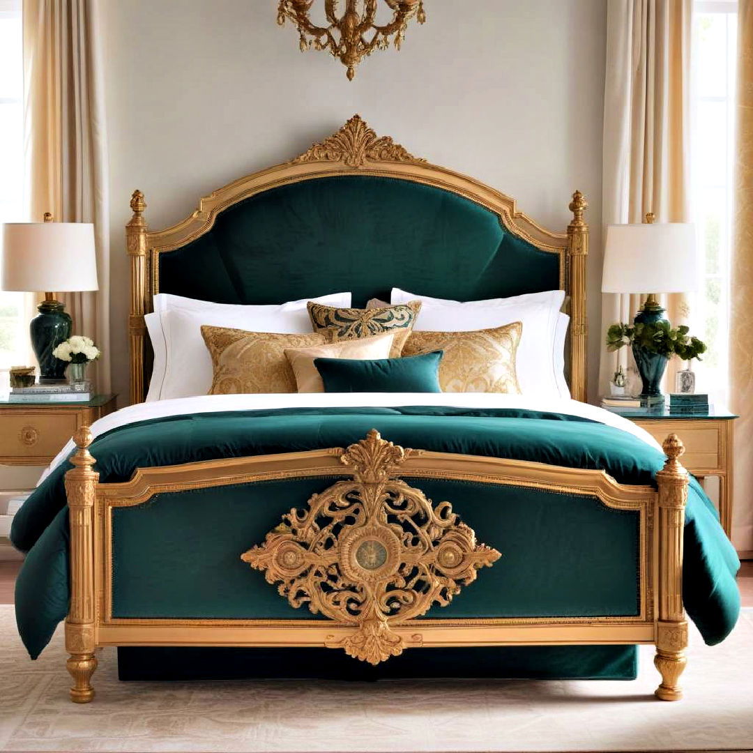 gold bed frame - 20 Emerald Green and Gold Bedroom Ideas