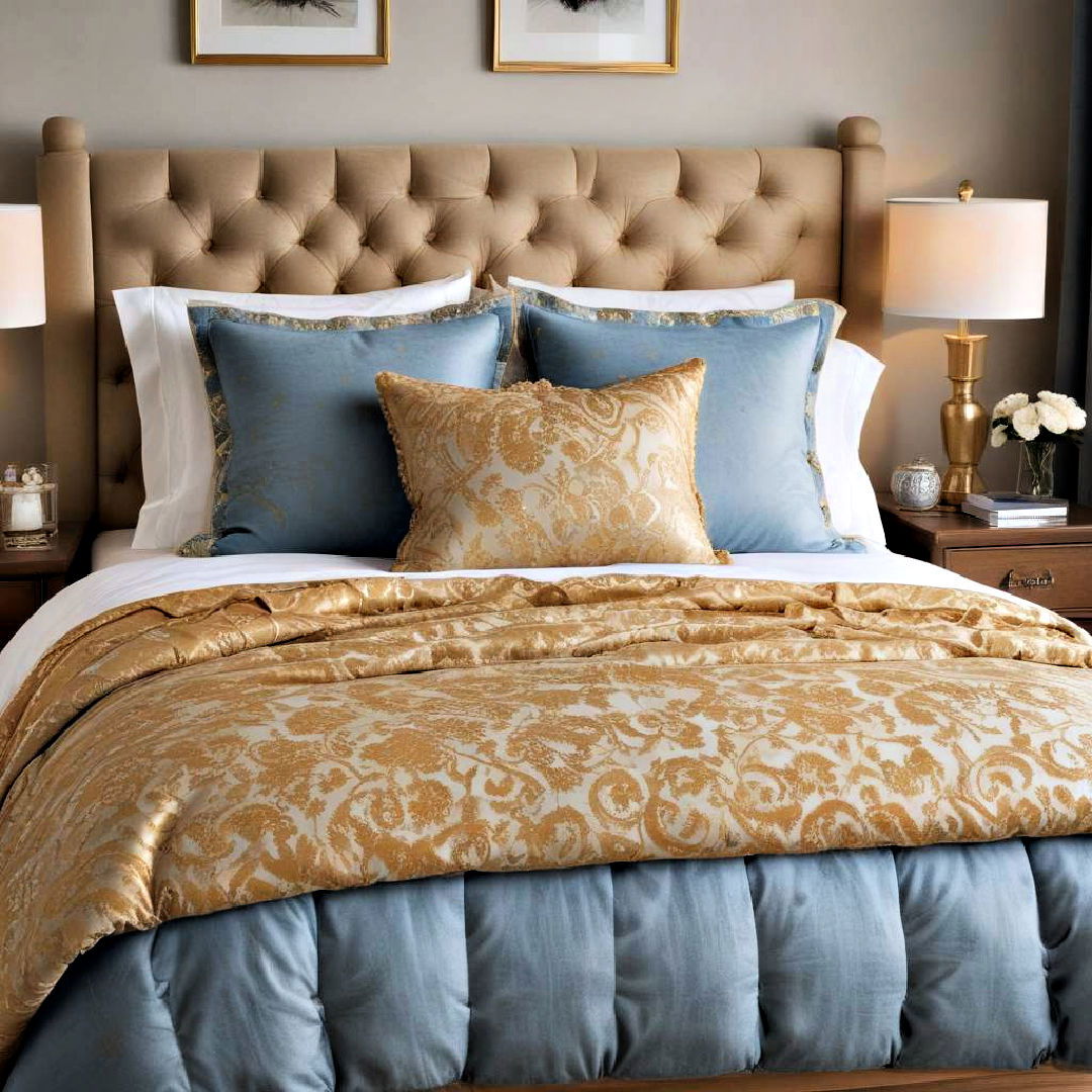 gold bedding accessories to add luxurious touch - 20 Blue and Gold Bedroom Ideas