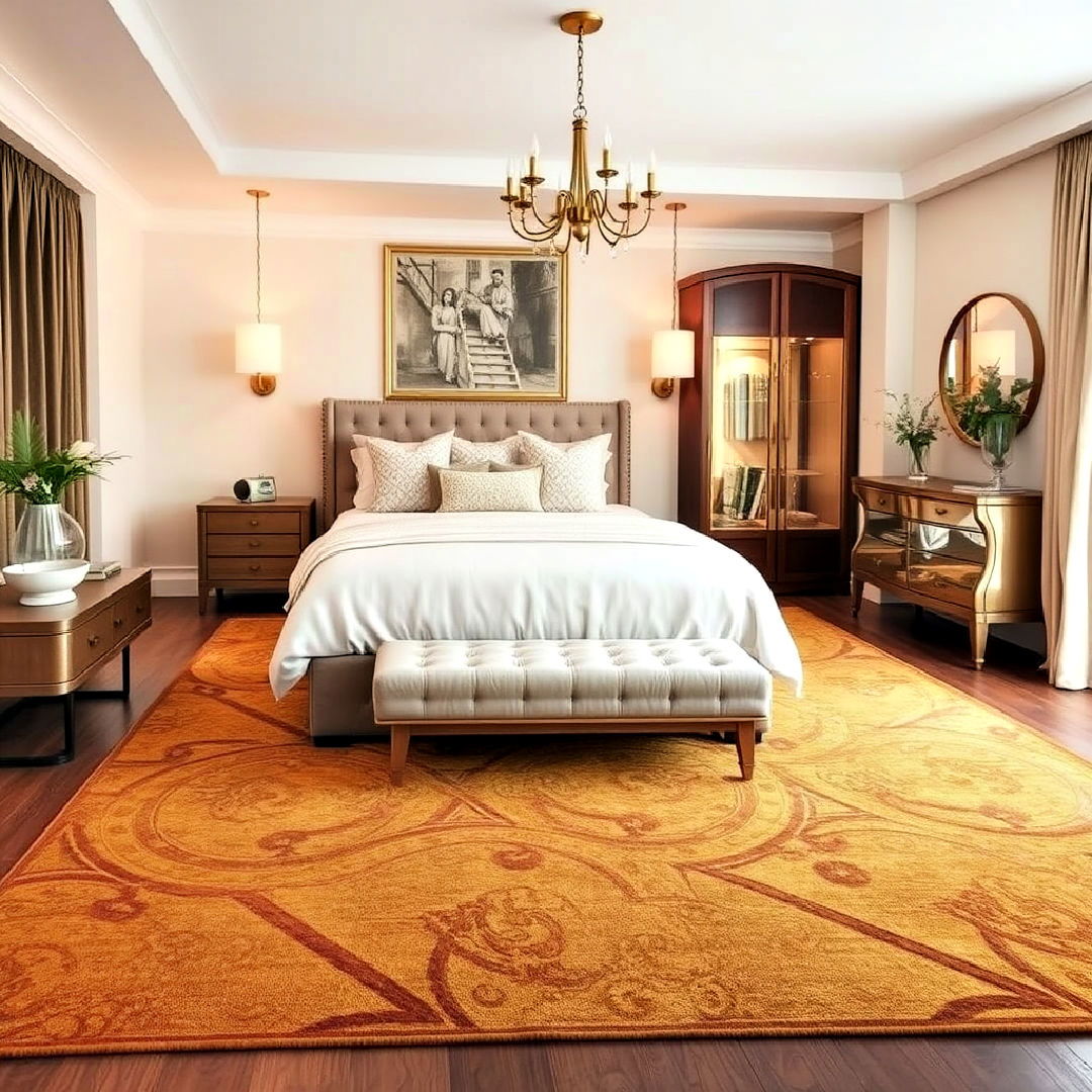 gold bedroom with patterned area rug - 25 Gold Bedroom Ideas