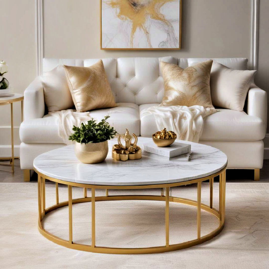 gold coffee table with white marble accent - 25 White and Gold Living Room Ideas