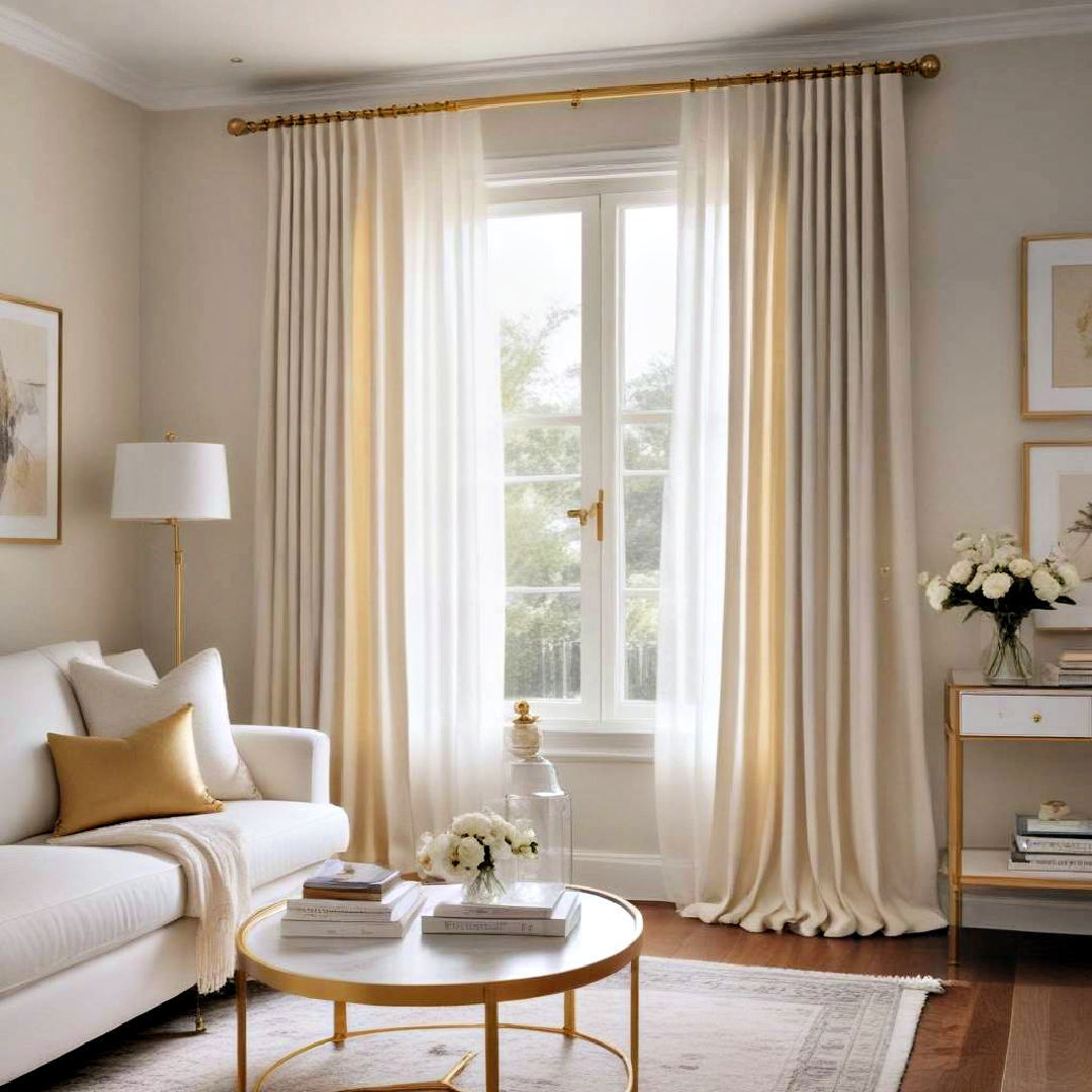 gold curtain rod with white curtains - 25 White and Gold Living Room Ideas