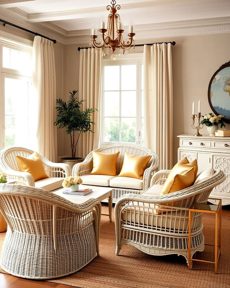 gold cushions and cream wicker furniture - 20 Cream and Gold Living Room Ideas