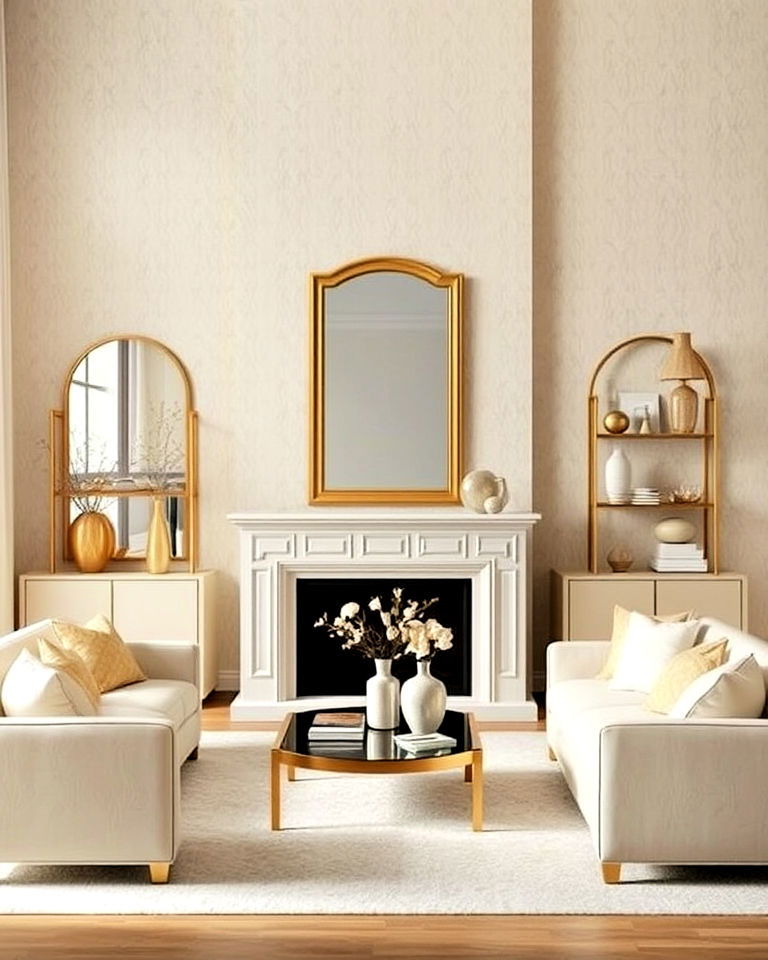 gold decor and cream textured wallpaper - 20 Cream and Gold Living Room Ideas