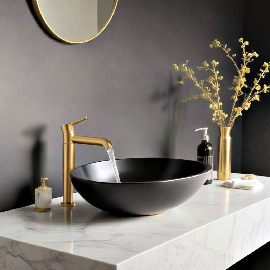 gold faucet paired with sleek black sink - 20 Black and Gold Bathroom Ideas