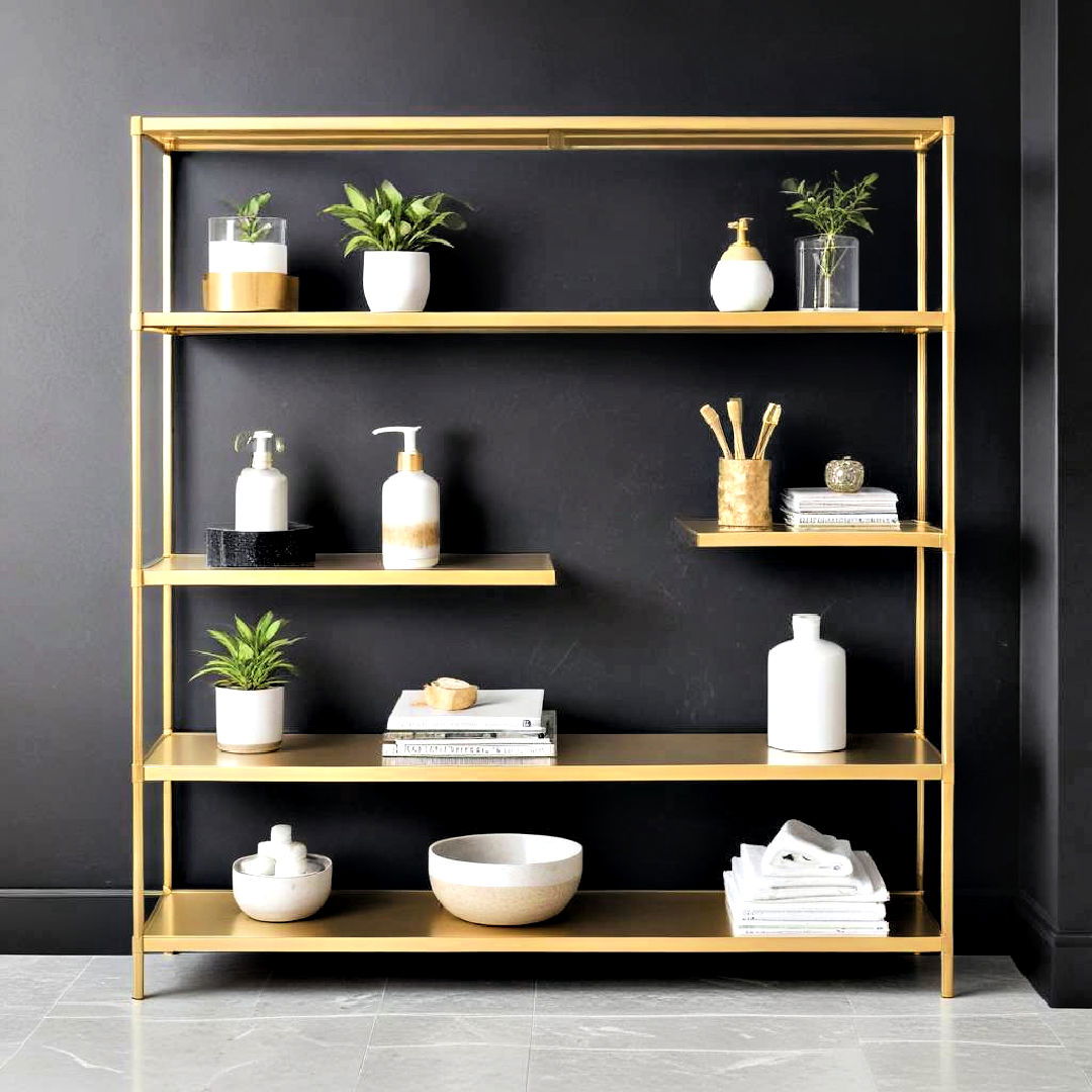 gold finish open shelving for bathroom - 20 Black and Gold Bathroom Ideas