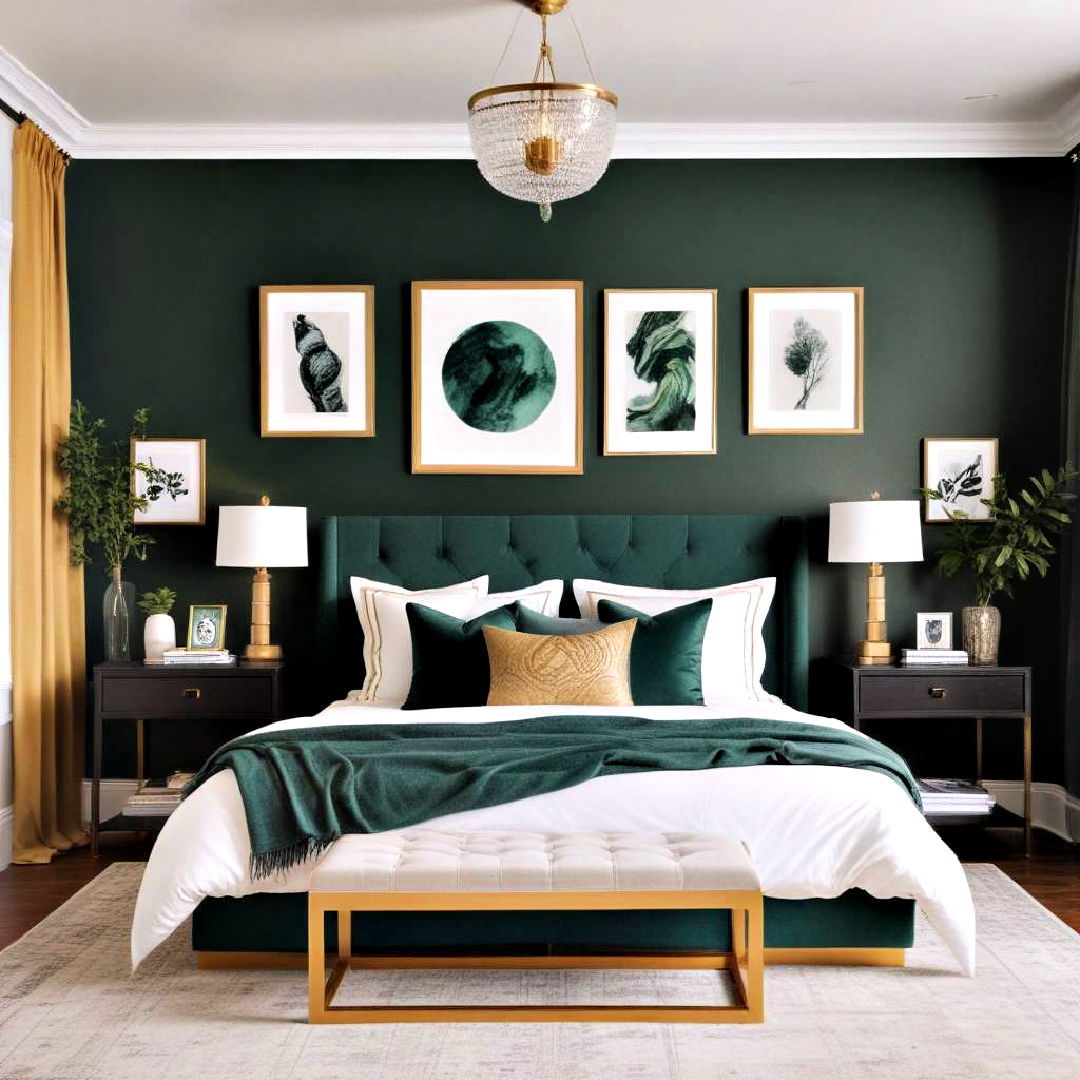 gold framed artwork for emerald green accent wall - 20 Emerald Green and Gold Bedroom Ideas