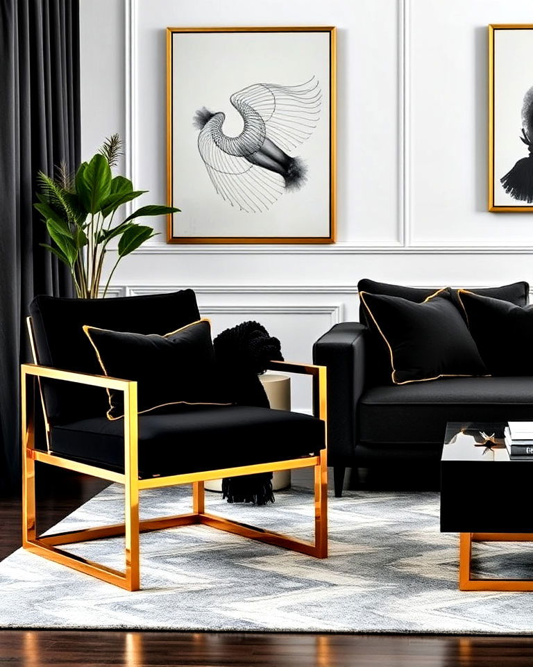 gold framed chairs with black upholstery - 40 Black and Gold Living Room Ideas