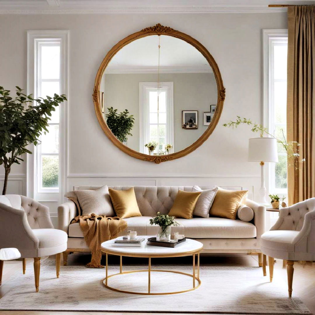 gold framed mirror for white and gold living room - 25 White and Gold Living Room Ideas