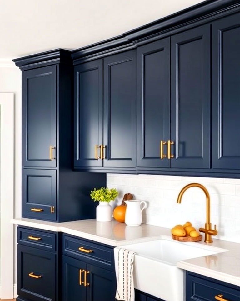 gold hardware for midnight blue cabinets - 30 Blue Farmhouse Kitchen Cabinets