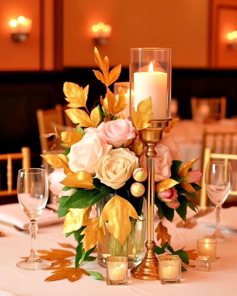 gold leaf accents for rehearsal dinner centerpiece - 30 Rehearsal Dinner Centerpiece Ideas